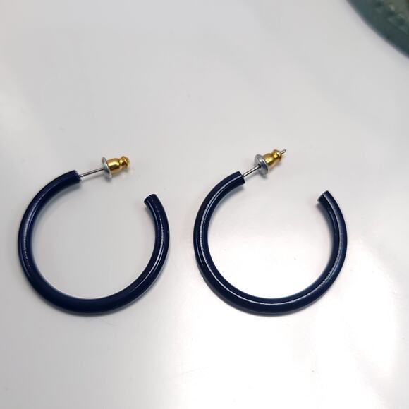 Navy Blue Open Hoop Earrings, Minimalist Modern Fashion Jewelry for Women - Picture 2 of 10